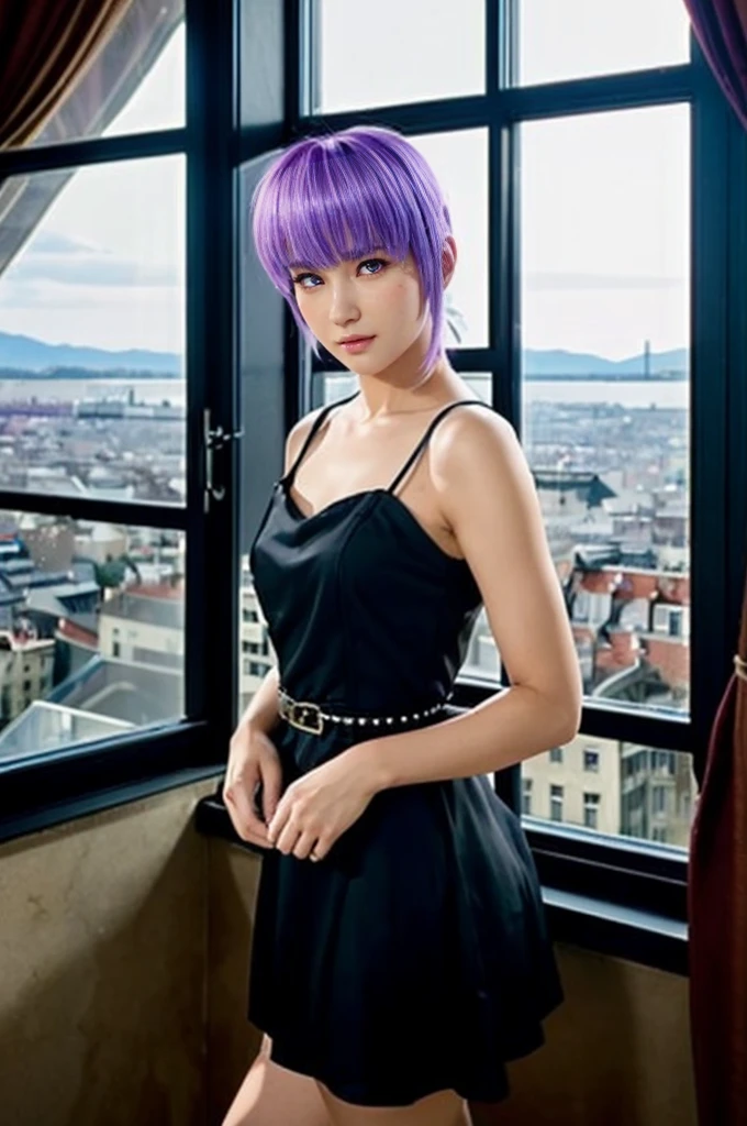 AYANE, purple hair, (melhor qualidade,ultra-detalhado,Realista:1.37), lindo rosto detalhado,Simetria perfeita,corpo perfeitamente modelado,Maquiagem perfeita,cores vivas,studio lighting