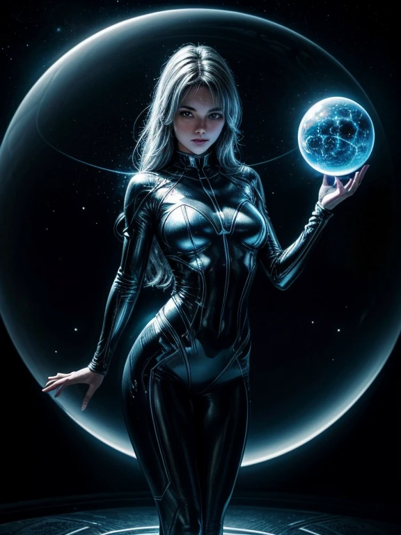 In dark space with only a few stars, breathtaking (masterpiece:1.1),(highest quality:1.1),(HDR:1), a woman made of silvery liquid metal holds an atom levitating between her perfect hands, ((perfect hands)), the light of the atom reflects on her metal skin, her eyes are electric blue, ((the woman is levitating, no ground under her feet, she stands straight)), she look at the atom, his area is serious and responsible, the atom is made up of a spherical nucleus enclosed in a large transparent glass sphere and 3 electron orbits are represented symmetrically, the woman’s hands are parallel to each other, Longues jambes d'une beauté sublime,grosse poitrine, abdominaux légèrement dessinés