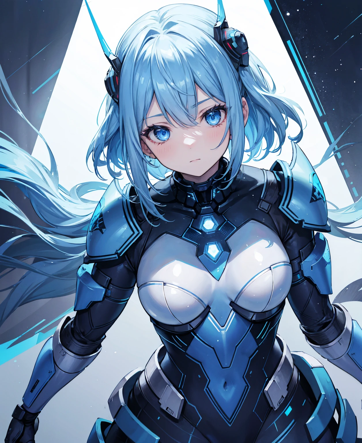 8k, highest quality, (real:1.4), Original photo, 1 girl, Asari Hair, Biological Amplifier, refined armor, posture: Peace talks between warring factions, smart blue eyes