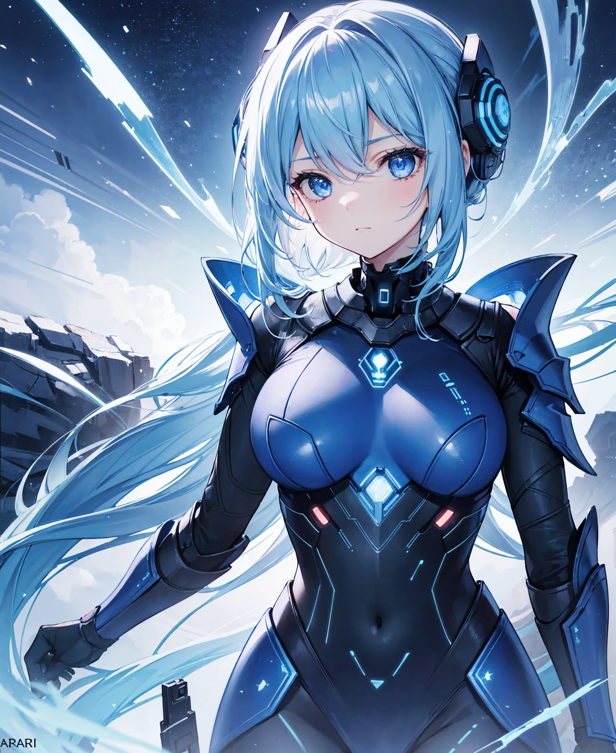 8k, highest quality, (real:1.4), Original photo, 1 girl, Asari Hair, Biological Amplifier, refined armor, posture: Peace talks between warring factions, smart blue eyes