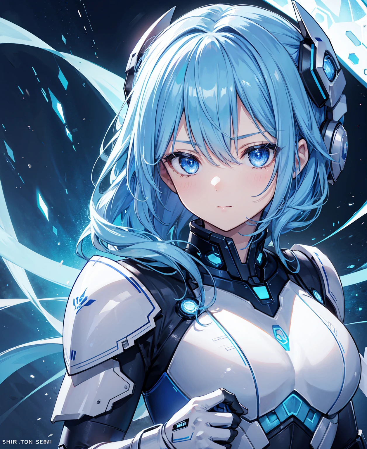 8k, highest quality, (real:1.4), Original photo, 1 girl, Asari Hair, Biological Amplifier, refined armor, posture: Peace talks between warring factions, smart blue eyes