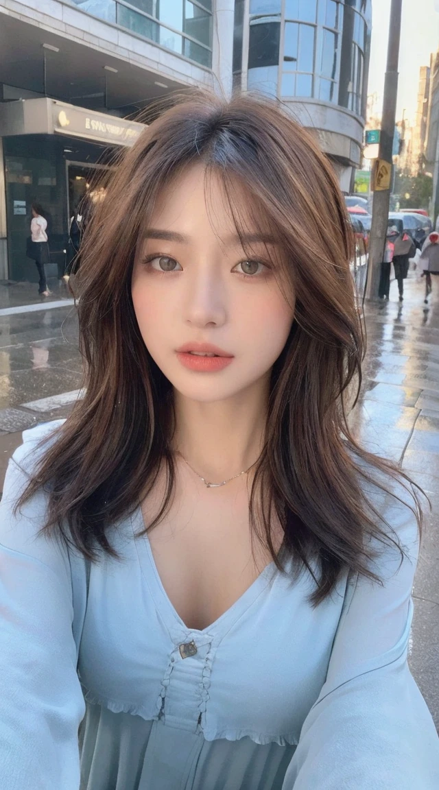 ((best quality, 8k, masterpiece:1.3)), Key Points: 1.2, Perfect body beauty: 1.4, Hips: 1.2, ((Layered Hairstyle, Chest: 1.2)), (Wet clothes: 1.1) , (rain, street:1.3), Tube Top Dress: 1.1, Highly detailed face and skin texture, Exquisite eyes, Double eyelids, Whitening of the skin, Long hair