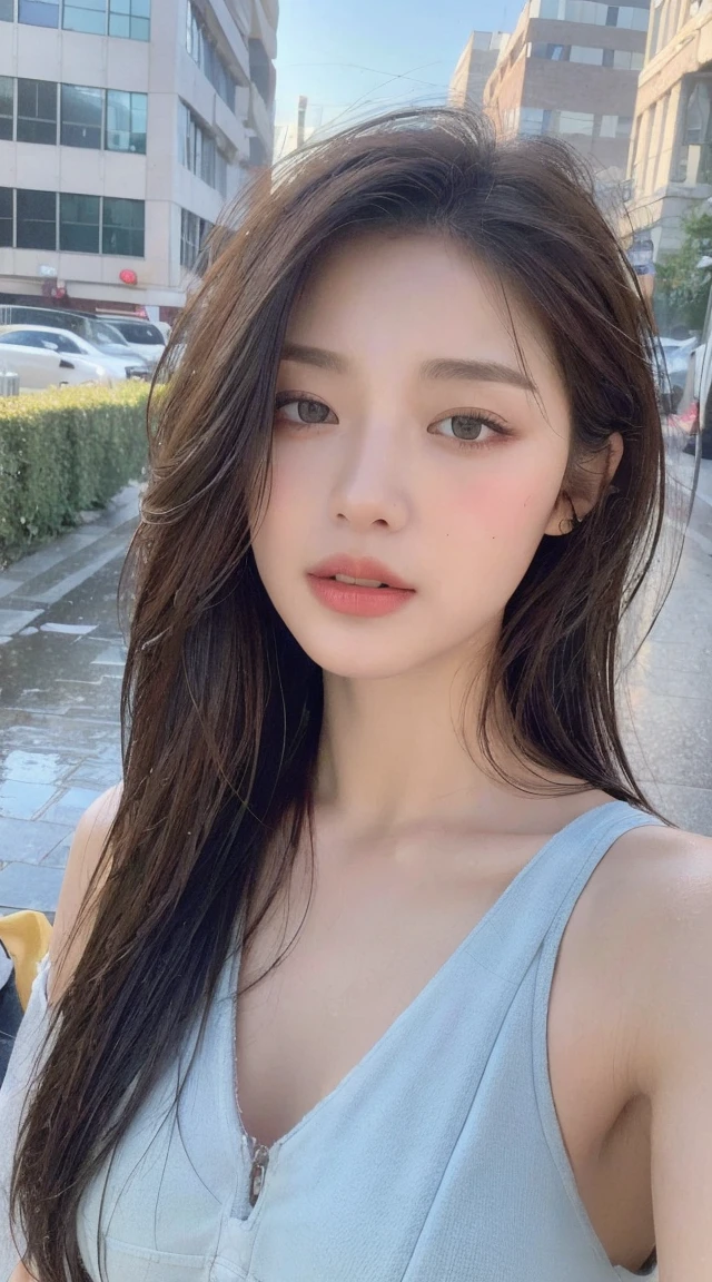 ((best quality, 8k, masterpiece:1.3)), Key Points: 1.2, Perfect body beauty: 1.4, Hips: 1.2, ((Layered Hairstyle, Chest: 1.2)), (Wet clothes: 1.1) , (rain, street:1.3), Tube Top Dress: 1.1, Highly detailed face and skin texture, Exquisite eyes, Double eyelids, Whitening of the skin, Long hair