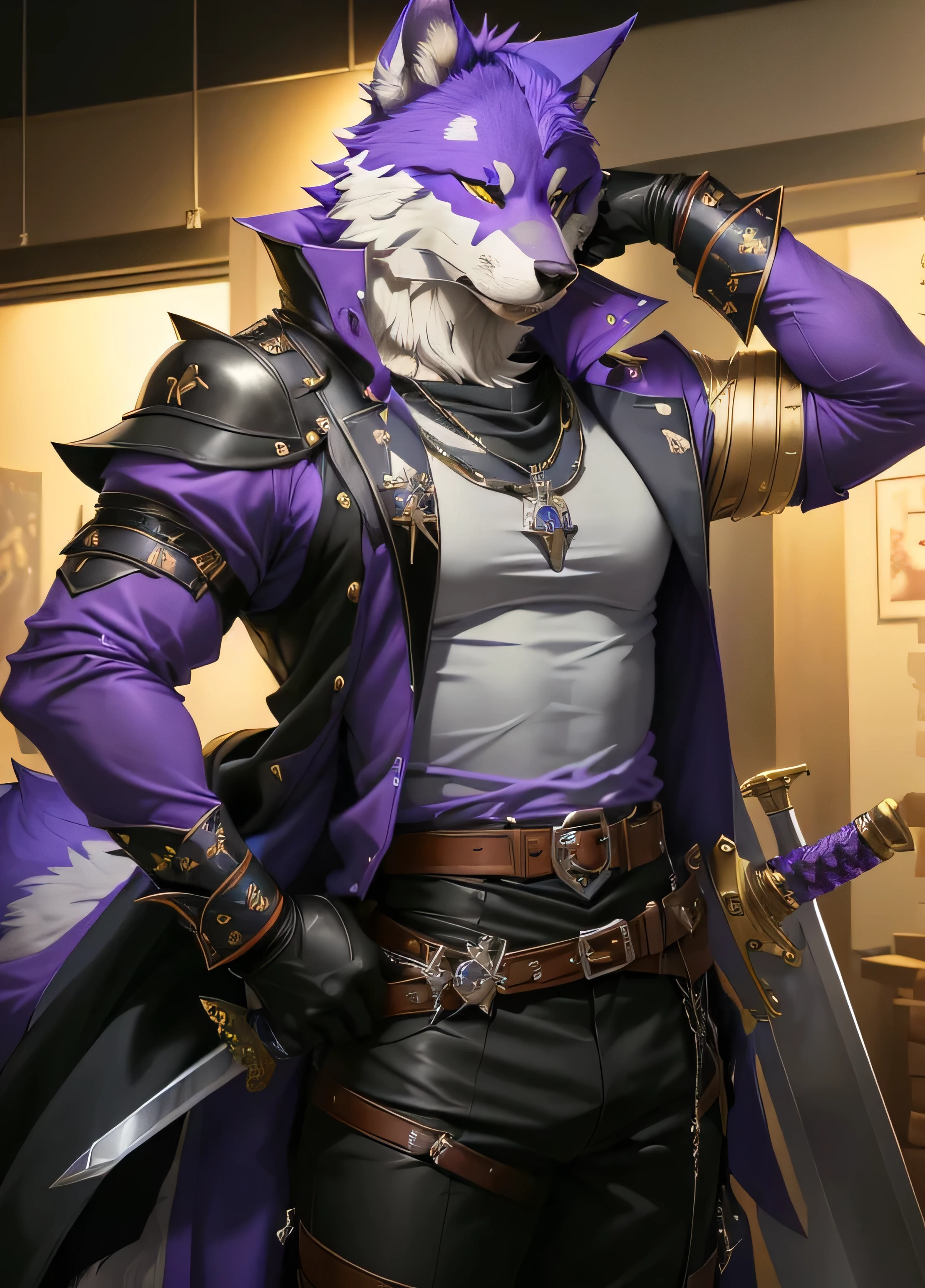 anime character with a sword and a purple shirt, fursona wearing stylish clothes, commission for high res, (sfw) safe for work, very very beautiful furry art, furry mawshot art, pov furry art, furry character, wolf o'donnell, fursona furry art commission, professional furry drawing, handsome weasel fursona portrait, furry anime, fursona art