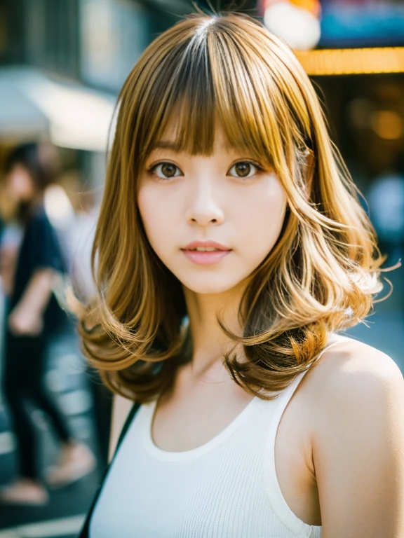 ((highest quality, 8k, masterpiece: 1.3)), Two girls, whole body, Slim face, Beautiful woman, gold hair, Camisole on the upper body, High heels, Highly detailed face, Fine grain, Long eyelashes, Blurred Background, Slim face, Shibuya City, West Shot,Very thin eyebrows、Looks like Namie Amuro、Bangs parted diagonally、Heisei Gal、Strong-willed woman、The eyeliner is thick、Golden Hair、My hair is a little damaged、Hair is golden、Very thin eyebrows、Nostalgic、bangs are very long、Curly Hair