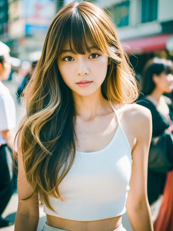 ((highest quality, 8k, masterpiece: 1.3)), Two girls, whole body, Slim face, Beautiful woman, gold hair, Camisole on the upper body, High heels, Highly detailed face, Fine grain, Long eyelashes, Blurred Background, Slim face, Shibuya City, West Shot,Very thin eyebrows、Looks like Namie Amuro、Bangs parted diagonally、Heisei Gal、Strong-willed woman、The eyeliner is thick、Golden Hair、My hair is a little damaged、Hair is golden、Very thin eyebrows、Nostalgic、bangs are very long、Curly Hair