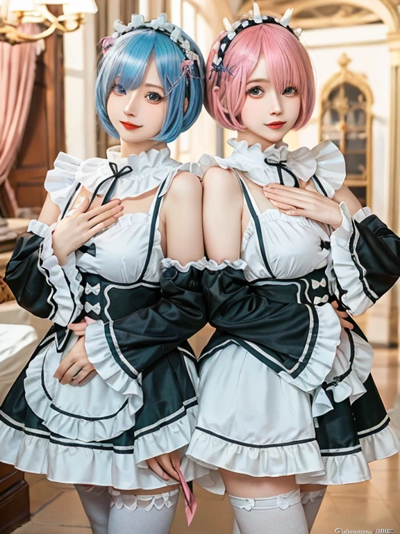 Accurate depiction with high resolution,(8K, Photorealistic, Raw photo, of the highest quality: 1.3), (1girl in), Super beautiful, (Realistic face), (boyish, pink Color Berry Shorthair), Beautiful , Glare that captivates the viewer, Beautiful expression, Beautiful breasts, (Realistic skin), Be...Create a detailed and colorful image of Ram and Rem from Re:Zero, standing back-to-back in their maid outfits, with a magical fantasy background、14years old, two girls,cute, perfect face, beautiful, nice body, gothic lolita clothes, gothic lolita fashion, frilly skirt, headdress, necklace, bracelet, knee-high socks, boots, double eyelids, tear bags, Detailed down to the fingers, photo-like description, indoors, dim indoor lighting, one girl is pink hair and short bob, another girl is light blue hair and short bob,standing,whole body, composition that shows the whole body, smiling,The Both of them are wearing the same type of maid outfit