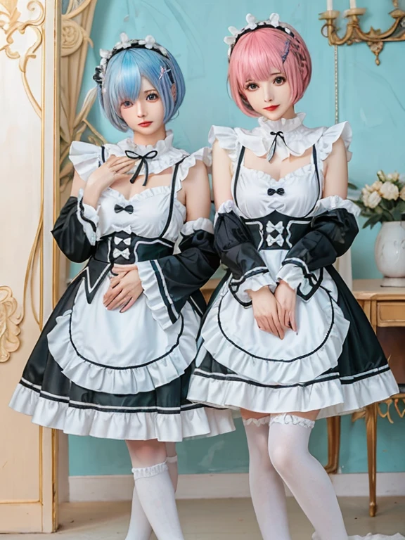 Accurate depiction with high resolution,(8K, Photorealistic, Raw photo, of the highest quality: 1.3), (1girl in), Super beautiful, (Realistic face), (boyish, pink Color Berry Shorthair), Beautiful , Glare that captivates the viewer, Beautiful expression, Beautiful breasts, (Realistic skin), Be...Create a detailed and colorful image of Ram and Rem from Re:Zero, standing back-to-back in their maid outfits, with a magical fantasy background、14years old, two girls,cute, perfect face, beautiful, nice body, gothic ta clothes, gothic loliashion, frilly skirt, headdress, necklace, bracelet, knee-high socks, boots, double eyelids, tear bags, Detailed down to the fingers, photo-like description, indoors, dim indoor lighting, one girl is pink hair and short bob, another girl is light blue hair and short bob,standing,whole body, composition that shows the whole body, smiling,The Both of them are wearing the same type of maid outfit