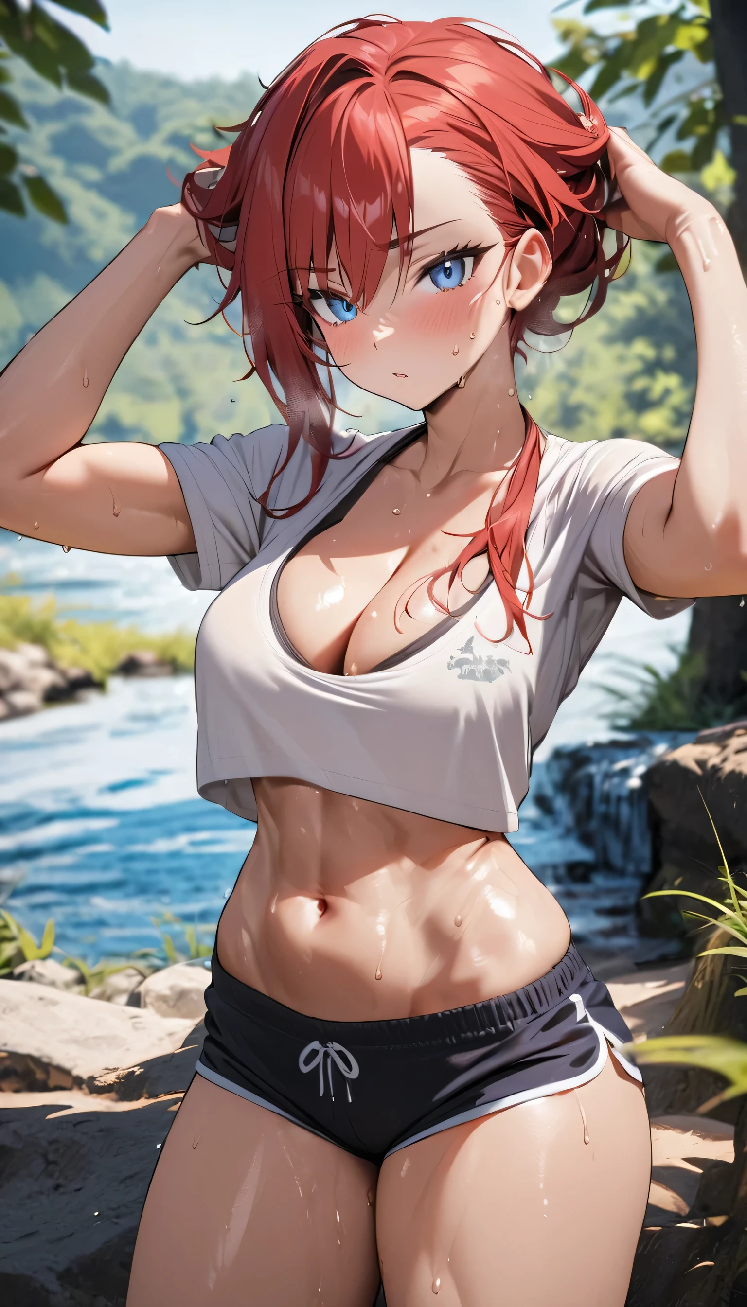 Best quality, 1 girl, cleavage, blue eyes, red hair, standing, looking at the viewer, hands on head, mini shorts, t-shirt, toned belly, sweat, nature, light skin, pose for photo. 