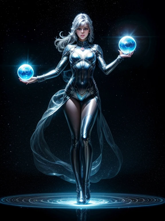 In dark space with only a few stars, breathtaking (masterpiece:1.1),(highest quality:1.1),(HDR:1), ((one woman made of silvery liquid metal)), she holds an atom levitating between her perfect hands, ((perfect hands)), the light of the atom reflects on her metal skin, her eyes are electric blue, ((the woman is levitating, no ground under her feet, she stands straight)), she look at the atom, his area is serious and responsible, the atom is made up of a spherical nucleus enclosed in a large transparent glass sphere and 3 electron orbits are represented symmetrically, the woman’s hands are parallel to each other, Longues jambes d'une beauté sublime,grosse poitrine, abdominaux légèrement dessinés
