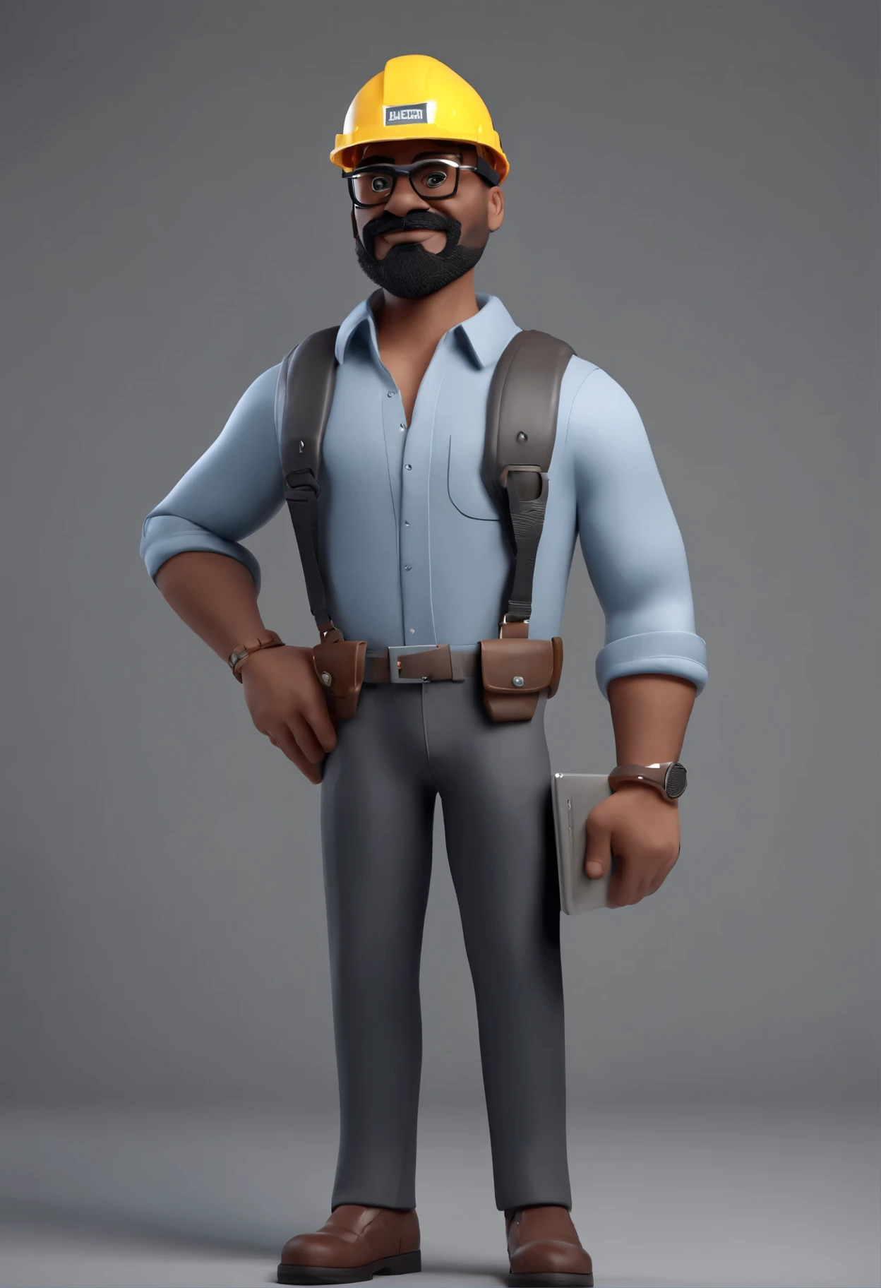 cartoon character of a 40-year-old dark-skinned man, young man with a mustache, beard and hair in the American style, with a gray shirt, glasses with black lenses, wearing a construction helmet on his head, holding a tablet, standing posing and white background background, stylized character, animation style rendering, 3D stylized, Arnold Maya rendering, stylized 3D rendering, toon render keyshot, 3D character, 3D character, stylized 3D rendering, 3D character rendering, 3D character, 3D character, rendering 3D stylized, 3d character rendering, cartoon character, Character close-up, Character pose, (Pixar Style) (master part: 1.2) (Bokeh) (best quality) (detailed skin) (detailed texture) (8k) (clay) (Cinematic lighting) (sharp focus