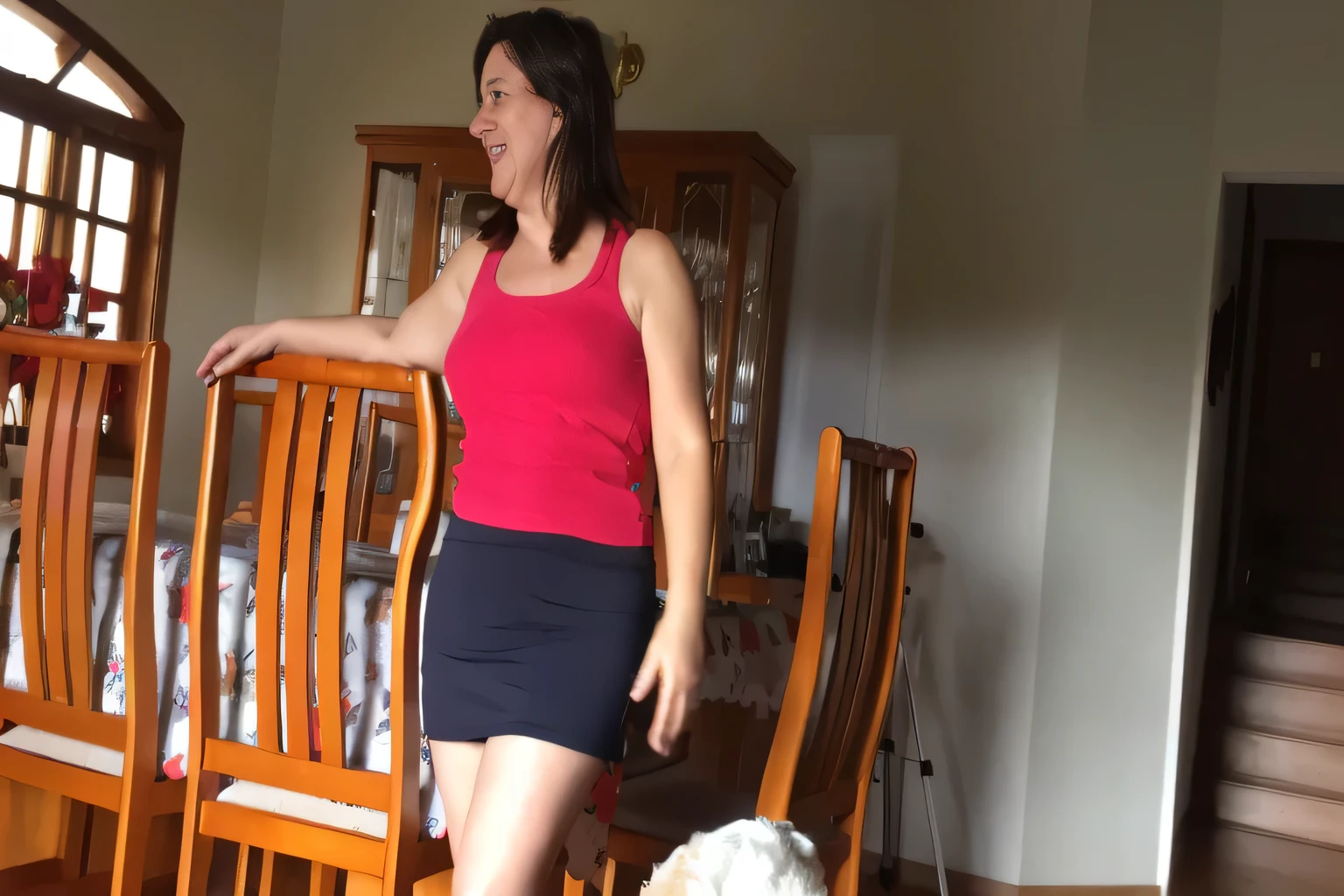 woman in red tank top and black skirt standing next to a white dog, wearing skirt, wearing a tanktop and skirt, middle shot waist up, wearing red shorts, lunging at camera :4, with a red skirt, wearing a camisole and shorts, wearing a skirt, dressed in a top and shorts, blurry image, wearing honey - themed miniskirt