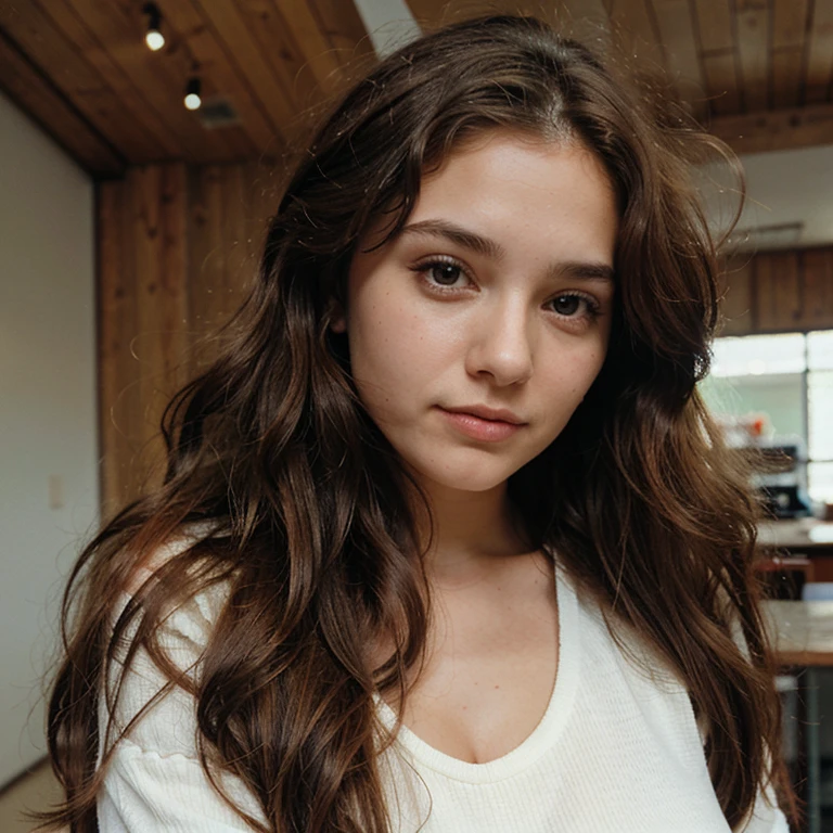 busty twenty year old woman with long curly brown hair, 1990 style clothing, 1996, 90s, round face, 1990s, wholesome
