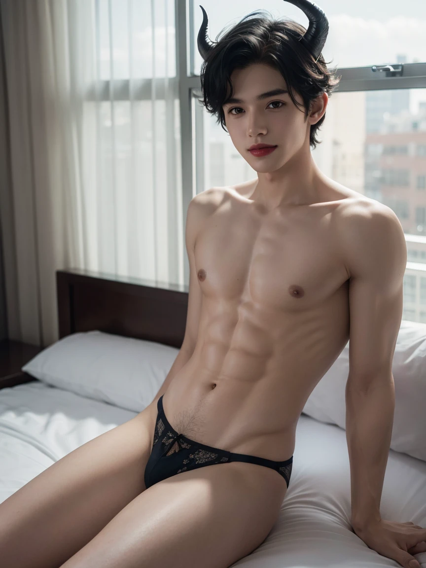 (Masterpiece, Hyperrealistic, 8k, HDR, RAW), ((Natural illumination)), night illumination, inside illumination, ((Laying on the bed)), (((Inside an aparment))), ((handsome boy)), american boy, cute boy, ((Pale skin)), 18 years old, ((twink)), ((Shirtless)), ((male lingerie)), ((Red lips)), ((Horns headress)), ((Short hair)), ((Slim body)), ((Black hair)), sexy face, big eyes, grin, perfect anatomy