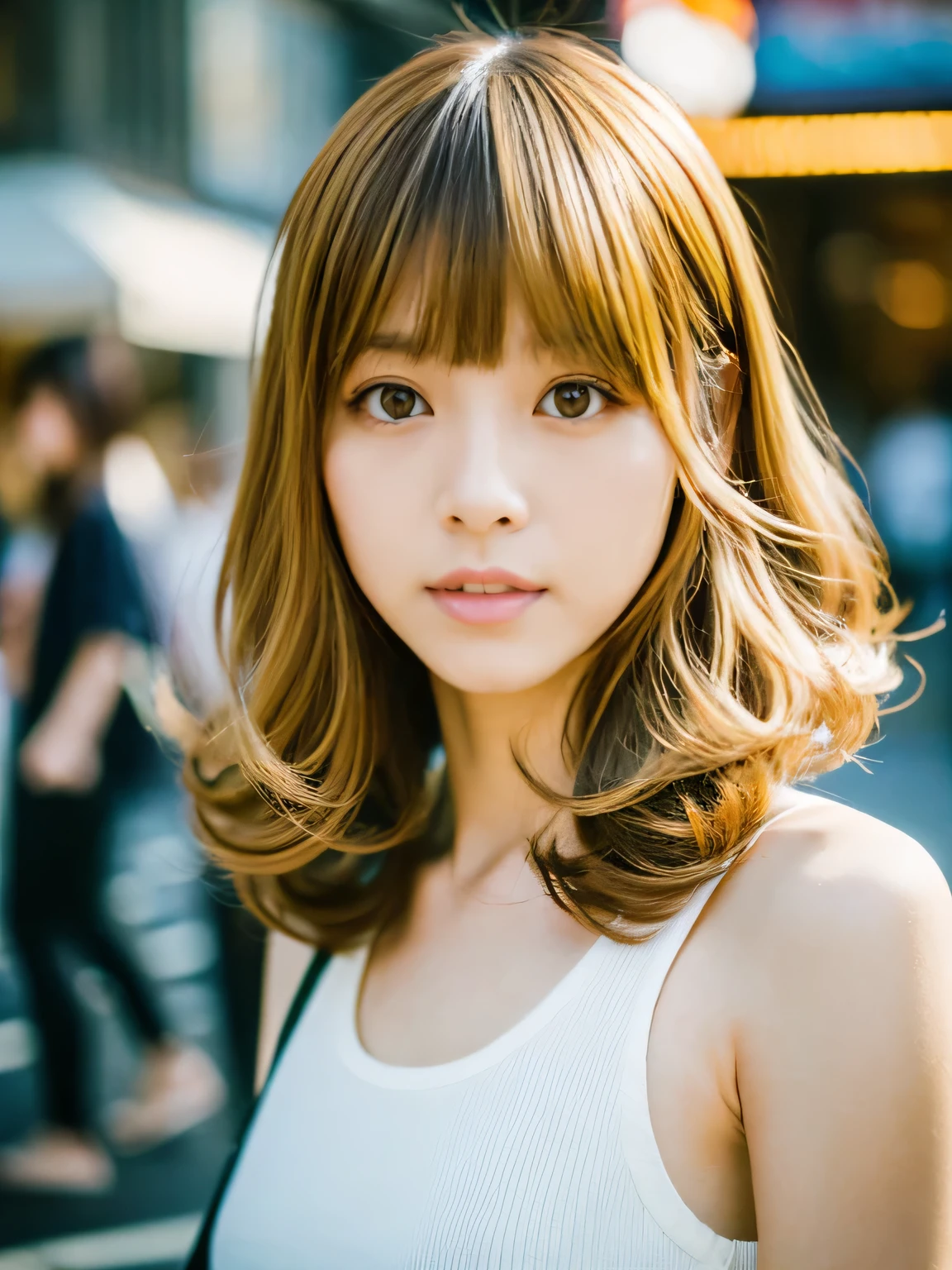 ((highest quality, 8k, masterpiece: 1.3)), Two girls, whole body, Slim face, Beautiful woman, gold hair, Camisole on the upper body, High heels, Highly detailed face, Fine grain, Long eyelashes, Blurred Background, Slim face, Shibuya City, West Shot,Very thin eyebrows、Looks like Namie Amuro、Bangs parted diagonally、Heisei Gal、Strong-willed woman、The eyeliner is thick、Golden Hair、My hair is a little damaged、Hair is golden、Very thin eyebrows、Nostalgic、bangs are very long、Curly Hair