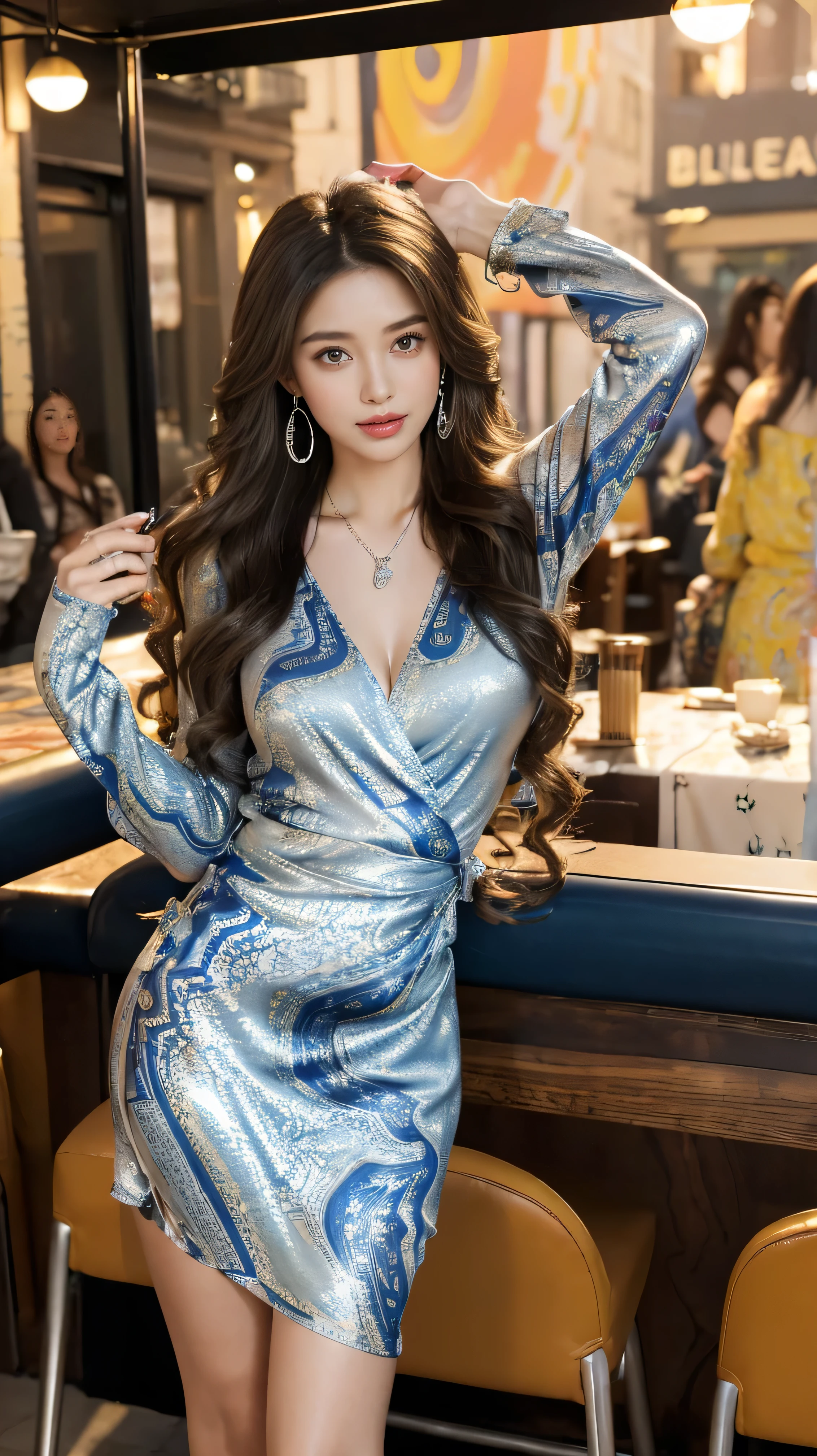 highest quality,masterpiece,Ultra-high resolution,(Actual:1.4),Original photo,Ultra-high resolution,8k,There are women,Fair skin,Exquisite makeup,High heels,Long legs,Bright and beautiful、shy smile、((Loosely inward wavy hair:1.2)),((Silver Necklace_Large earrings:1.2)),((Extra long brown hair:1.2))((wearing abstract printed blue mini dresses_long sleeve_wrap dress:1.3)),((In a crowded café at dusk:1.3))、 full figure supermodel standing, entire body in frame、arms up