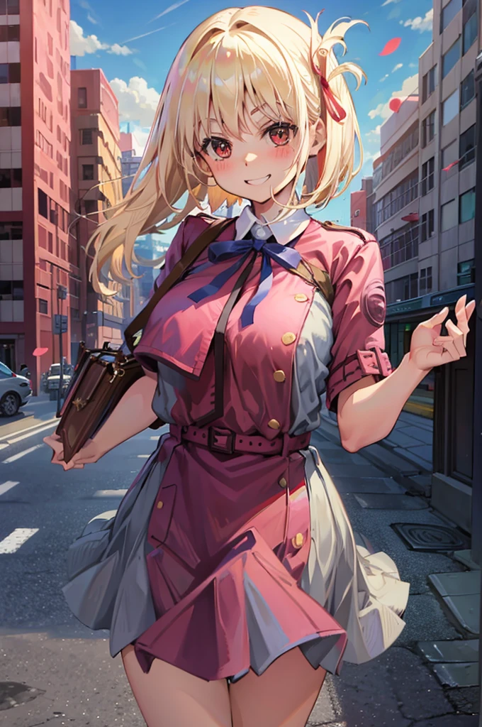 masterpiece、top-quality、Female one、bangss、platinum-blonde、red 、red blush、breastsout、Y shirt、cowboy shot、dress shirts、Eyebrows visible through the hair、Grinning、Bob Hair、Viewer's Perspective、yellow tie ribbon、Akame、student clothes、a blue skirt、A smile、solo、blue-sky、flower petals、Fashionable、sano、colourfull、Dynamic、City background lined with skyscrapers
