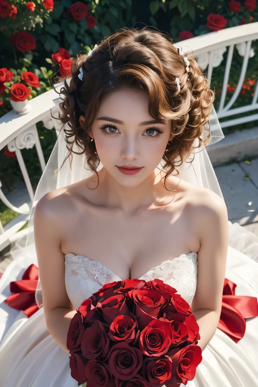 Background and model as is, Beautiful woman holding a bouquet of red roses, wearing a wedding dress,  magazine pose, rose fence, (from above), (Perm Hair Curly:1.5)