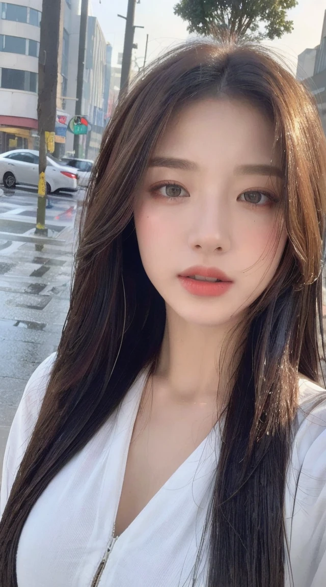 ((best quality, 8k, masterpiece:1.3)), Key Points: 1.2, Perfect body beauty: 1.4, Hips: 1.2, ((Layered Hairstyle, Chest: 1.2)), (Wet clothes: 1.1) , (rain, street:1.3), Tube Top Dress: 1.1, Highly detailed face and skin texture, Exquisite eyes, Double eyelids, Whitening of the skin, Long hair