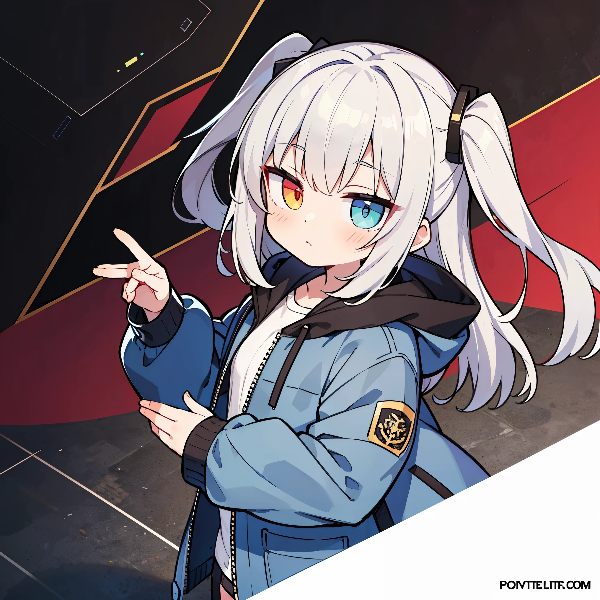 (Little:1.5), ((Absurd, High resolution, Super detailed, High resolution, masterpiece, highest quality, Very nice 8K CG wallpaper)), 1 girl, alone, :is, Ahogie, bangs, whole body, Beautiful fine details, heterochromia, Two Side Up, Gray Hair, Eyebrows visible through hair, Wearing an over parka, 18-year-old, Dynamic Angle