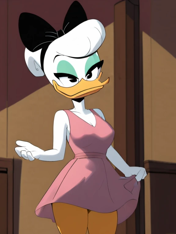 (ducktales:1.2) (ducktales:1.2) (by kyurisawa:1.2) (by chelodoy:1) (by ashraely:1) BREAK, daisy duck, beak, white skin, white body, white hair, black centered bow, headband, rounded bangs, hair bun, female, breasts, orange legs,  clothed, clothing, mouth closed, eyeliner, teal eyeshadow, black eyes, inside, mansion background, night (smile, squint:1.3) looking at viewer (pink dress) (clothed:1.2), skirt lift 