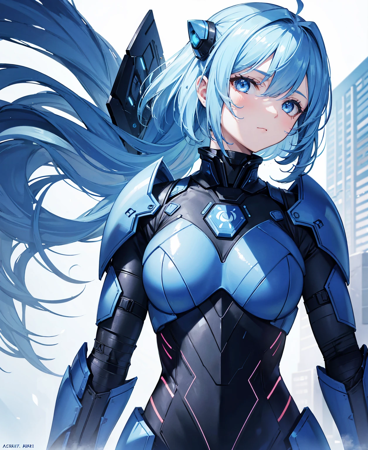 8k, highest quality, (real:1.4), Original photo, 1 girl, Asari Hair, Biological Amplifier, refined armor, posture: Peace talks between warring factions, smart blue eyes
