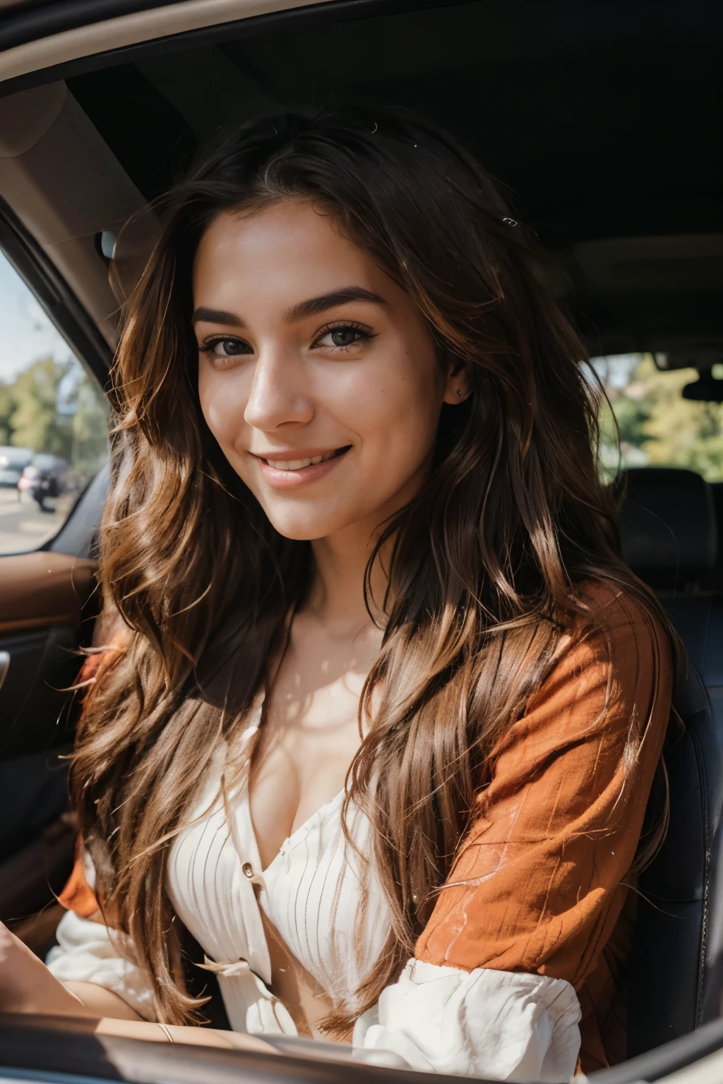 A charismatic Instagram model with styled brown light wavy long hair and brown eyes enjoys a car ride in a red cabriolet on the passenger seat. The image captures her happiness and confidence. Her long hair waving in the wind while driving the car. The scene is depicted in a vibrant and visually rich photograph, showcasing the model's joy riding the car.