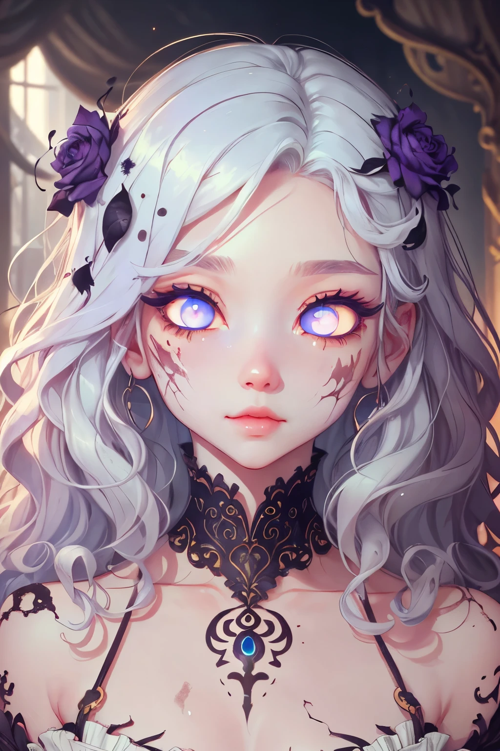 (This is a beautiful and colorful fantasy cinematic image.) Generate a (blind) zombie woman with curly hair and milky white eyes. Her face is extremely important and is beautiful with puffy lips, dirty skin, and perfect features. (Her eyes are important.) Her eyes are pure white. Her clothing is silk and torn. Her face and body have artful scars and marks. Include fantasy, masterpiece, ornate, cute, colorful, (in action), ((shirome eyes:1.3)