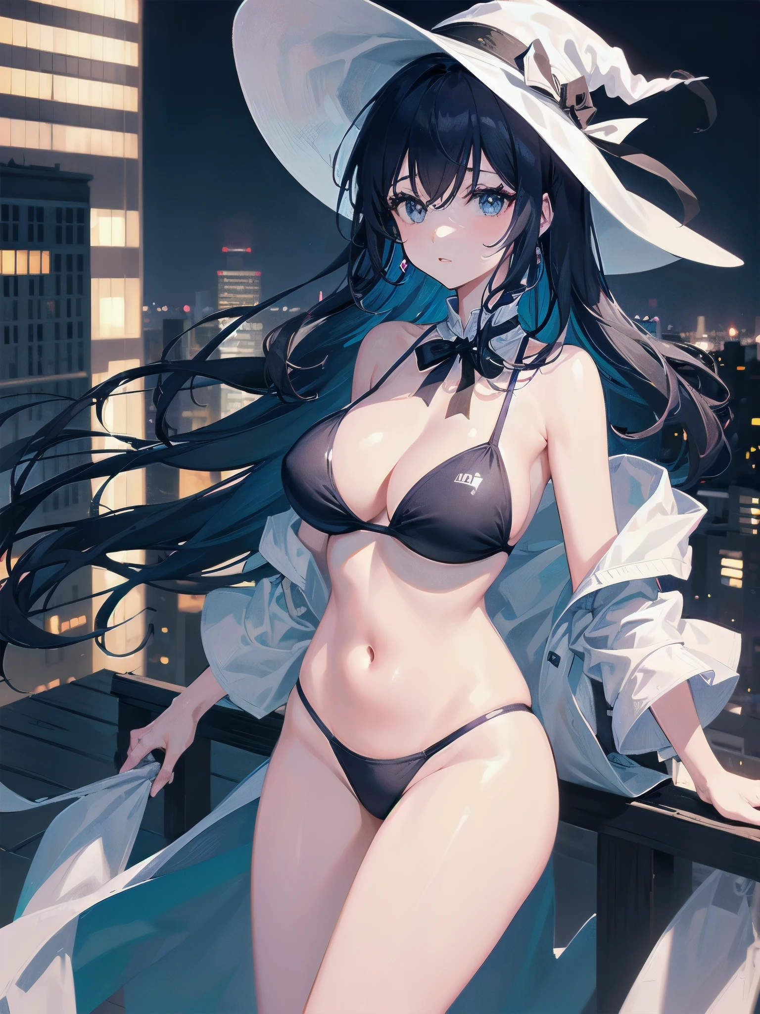 A girl stands on the rooftop of a high-rise building with a panoramic view of late-night Tokyo below.、She has a short bob with a white lob of hair and wears a large black witch hat with sapphire jewelry.、A high school student wearing a navy blue bikini-type swimsuit with a white ribbon、She wears a large witch&#39;s hat with a small sapphire accessory、A few star creams、Beautiful starry sky、Beautiful night view、large witch's hat 、Navy blue bikini pants that dig into your stomach、Small breasts、Small breasts、Navy blue swimsuit top with white frills、I see my stomach、The area around the stomach is bare skin.、Belly button、Halterneck bikini、She is wearing hot pants.I have a gun with a scope。A black long-barreled rifle