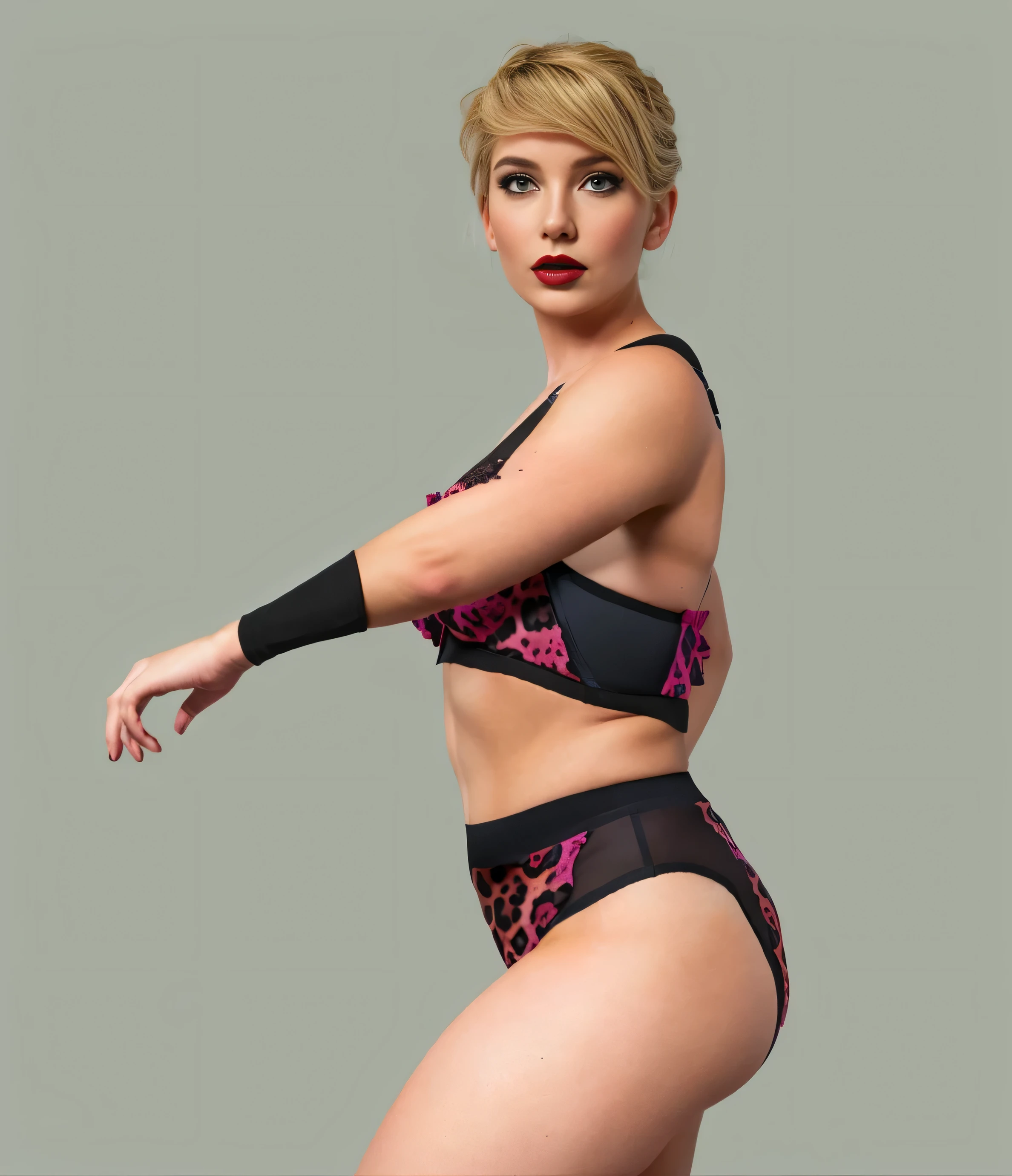 ((masterpiece, best quality)), ((((perfect anatomy)))), (33 year old)), (((Curvy))), (((Caucasian woman with comb-over blonde hair)), in ((black and magenta leopard patterned bra)), ((black and magenta leopard patterned briefs)), Dark makeup, ((magenta lipstick)), Standing in front of a grey screen, ((((photo realistic))))
