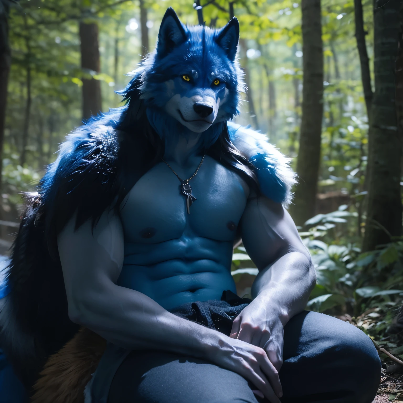 A wolf-orc with blue fur,Sit in the shade