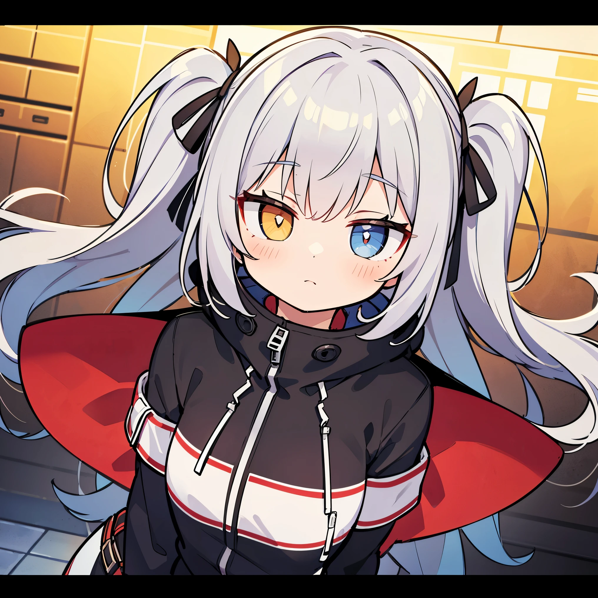 (Little:1.5), ((Absurd, High resolution, Super detailed, High resolution, masterpiece, highest quality, Very nice 8K CG wallpaper)), 1 girl, alone, :is, Ahogie, bangs, whole body, Beautiful fine details, heterochromia, Two Side Up, Gray Hair, Eyebrows visible through hair, Wearing an over parka, 18-year-old, Dynamic Angle