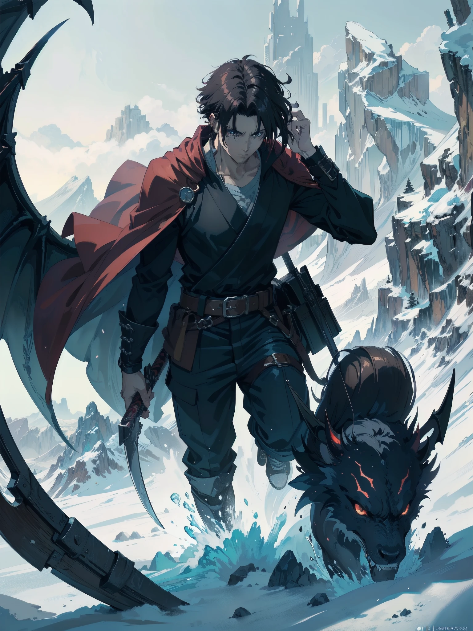 (absurdos, Altas Resoluciones, Ultra detallado, HDR), Obra maestra, La mejor calidad, final fantasy vii, vincent valentine, 1hombre solamente, guapo, pelo largo, cabello negro, Ojos rojos vibrantes, ojos finos y cara detalladas, Armadura nordica, snowy mountains, frio, tonos azules, helado, hielo, ((Arma intrincada)), capa roja ondeando. ((Dragon a la espalda, dragon volando) Final Fantasy, badass pose, Personaje masculino de anime, Badass Anime 8K, Arte detallado del personaje de anime, Concepto de anime HDR Anime MacManus, Chico anime, Ikuto Yamashita, Anime CG arte suave, Fondo de pantalla de manga 4 k, inspirado por Yamagata Hiro, Wallaper de animea painting of a man with a sword and a red cape, epic anime style, anime epic artwork, epic fantasy digital art style, advanced digital anime art ”, portrait of ninja slayer, hero 2 d fanart artsation, epic fantasy style art, epic fantasy art style, high quality colored sketch, akira from chinese mythology, epic full color illustration