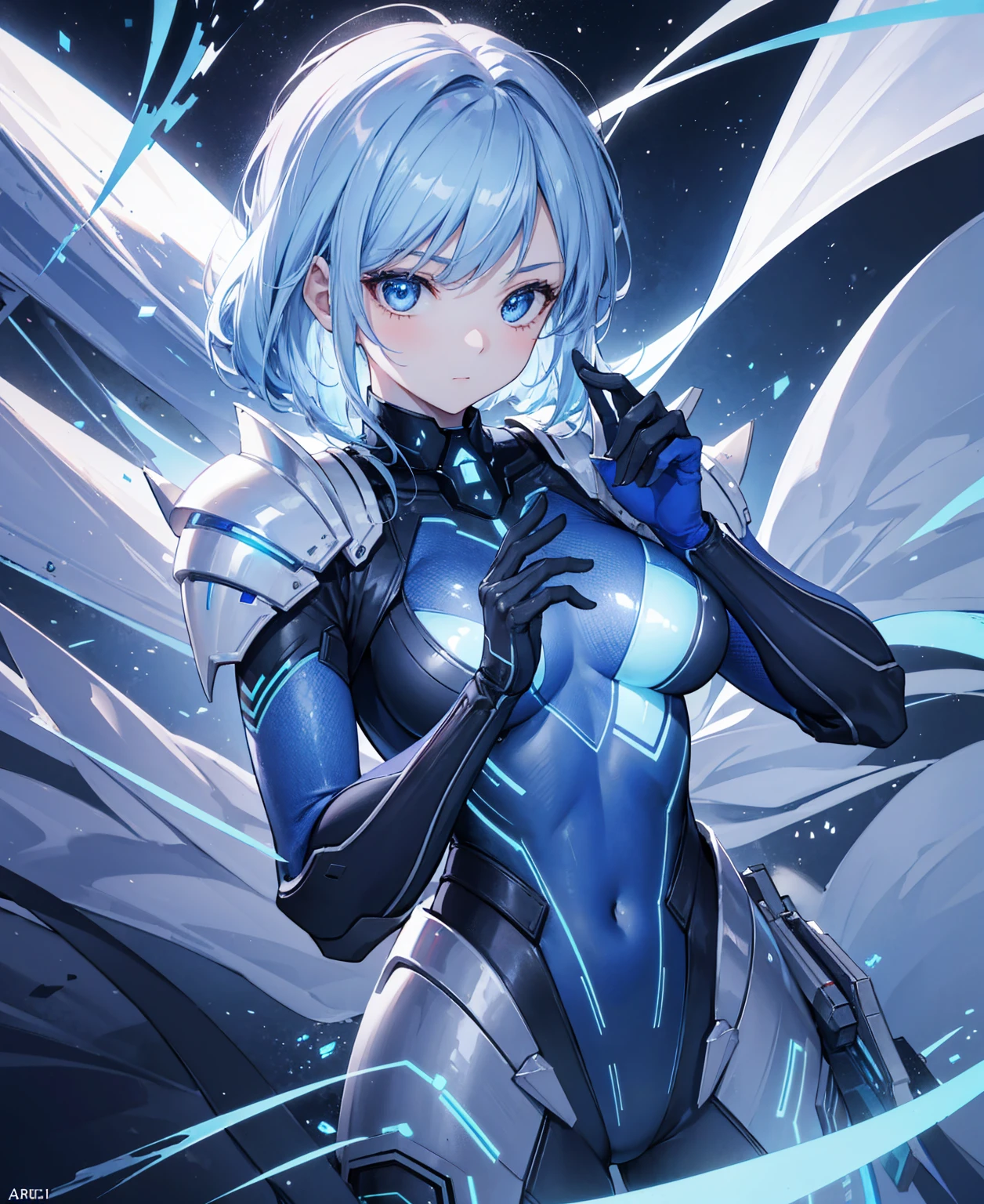 8k, highest quality, (real:1.4), Original photo, 1 girl, Asari Hair, Biological Amplifier, refined armor, posture: Peace talks between warring factions, smart blue eyes