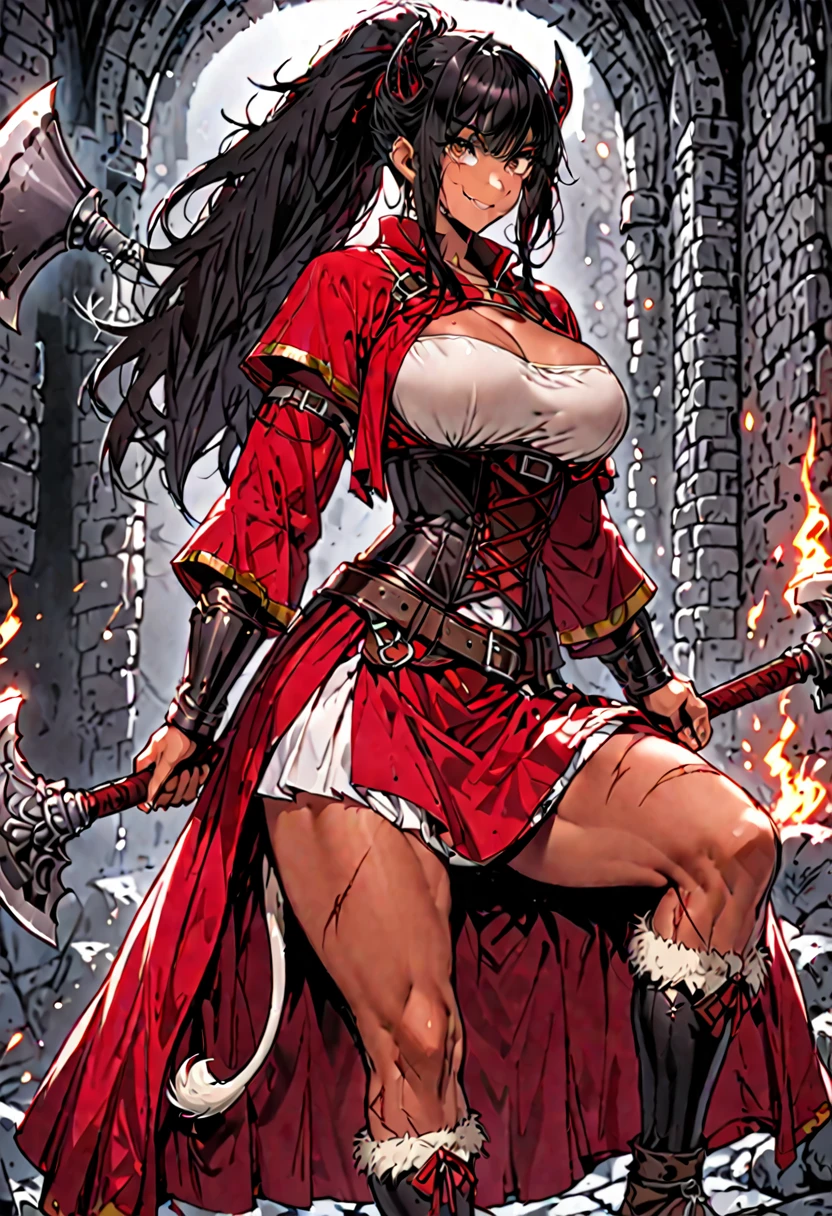 solo, female, medium shot, sfw:1.2, red robes, dungeon, long messy hair, black hair, ponytail, black horns, tanned skin, muscular, huge breasts, corset armor, scar on face, brown eyes, Roman skirt:1.2, axe, smile, cow tail, fur on legs