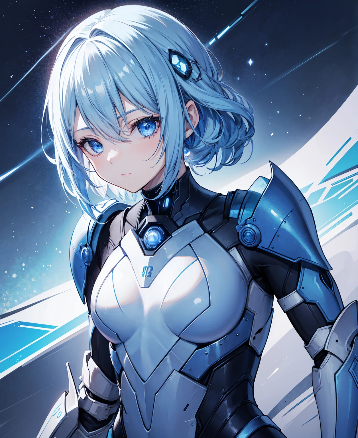 8k, highest quality, (real:1.4), Original photo, 1 girl, Asari Hair, Biological Amplifier, refined armor, posture: Peace talks between warring factions, smart blue eyes