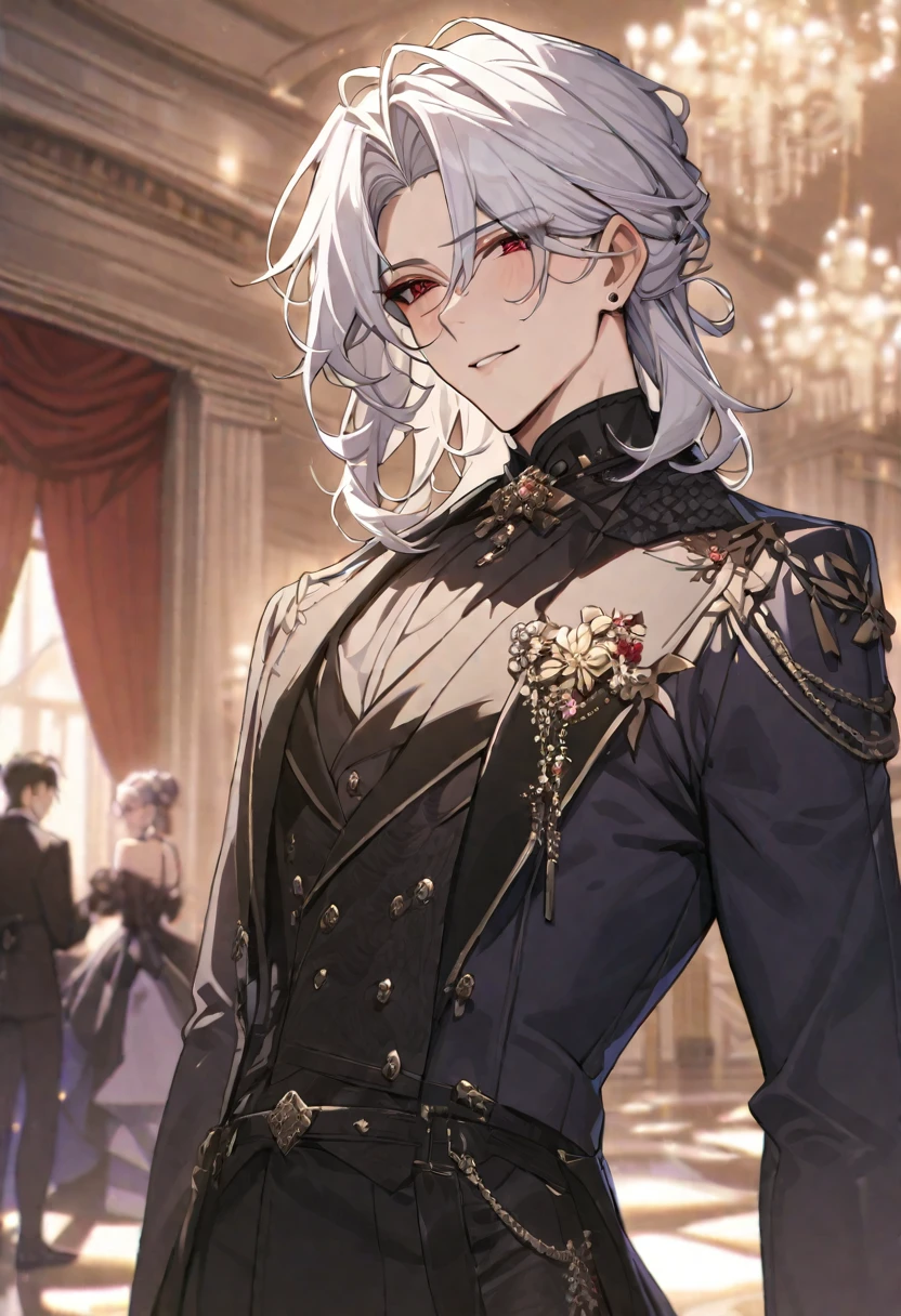 (Masterpiece:0.9), best quality, 1 male, long white hair, fancy dark clothing, ballroom background, royalty aesthetic, half smile, red eyes
