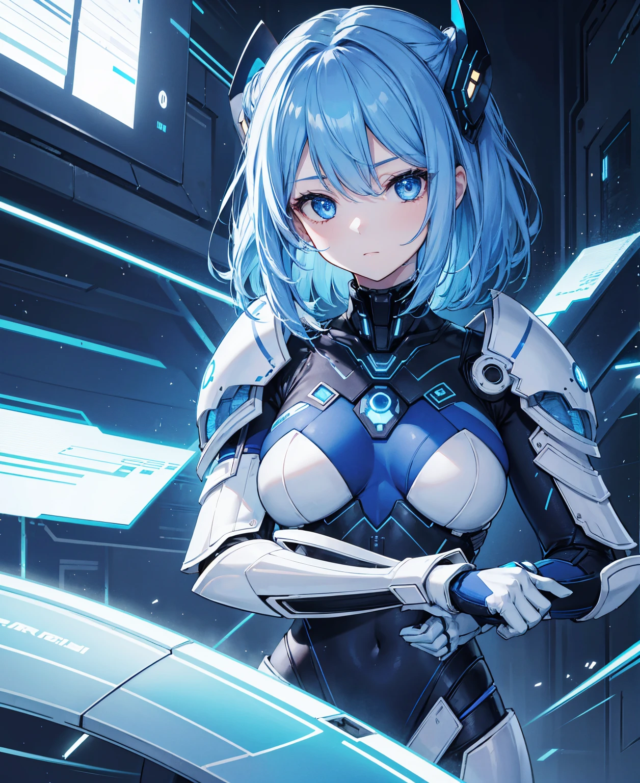 8k, highest quality, (real:1.4), Original photo, 1 girl, Asari Hair, Biological Amplifier, refined armor, posture: Peace talks between warring factions, smart blue eyes