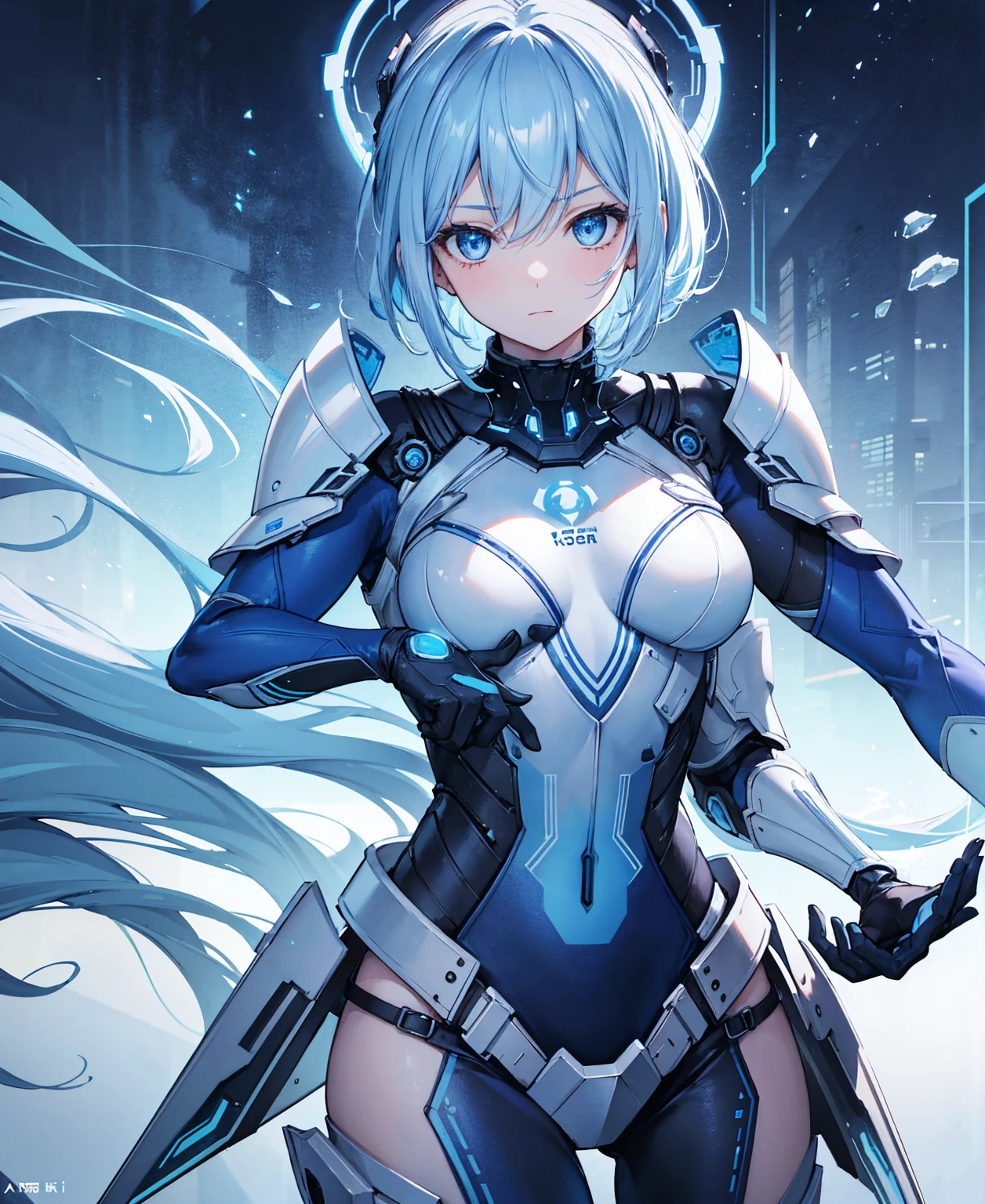 8k, highest quality, (real:1.4), Original photo, 1 girl, Asari Hair, Biological Amplifier, refined armor, posture: Peace talks between warring factions, smart blue eyes