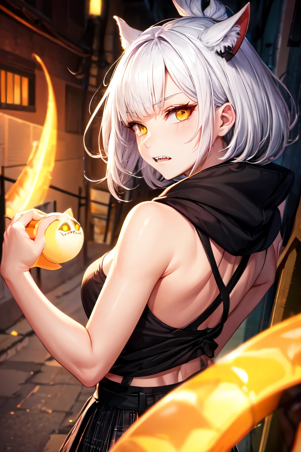 Top-of-the-line quality,black hoodie,skirt,sharp teeth,sharp nails,expressionless,아expressionless도 없음,whole body,White hair,yellow eyes,girl,(((Lobotomi Corporation))),back alley background