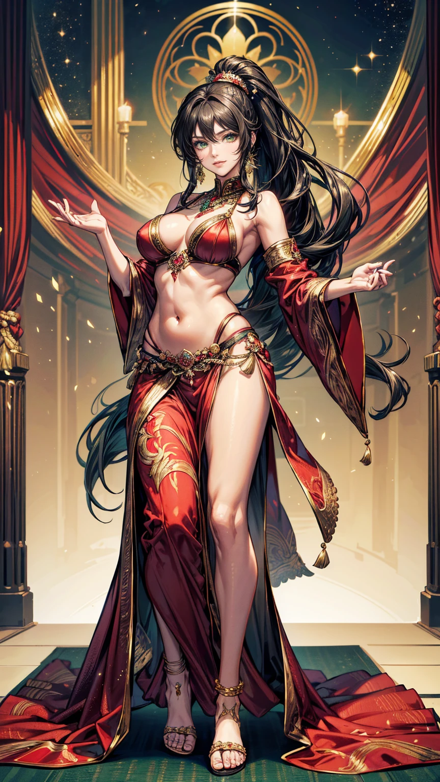 (masterpiece, Best quality, a high resolution, ultra detailed), (beautiful and aesthetically pleasing: 1.2), ((1 woman)), adult, (black hair), ((long wavy ponytail hair)), ((Green eyes)), female focus, perfect  body, (slight smile: 0.8), detailed eyes and face , Full length figure, full body, Harem, костюм для Haremа, live in gamera, Silk, Decorations, luxury, wealth, belly dance