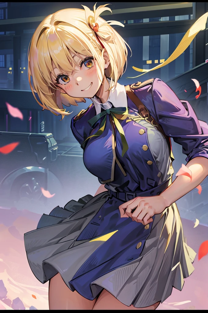 masterpiece、top-quality、Female one、bangss、platinum-blonde、yellow 、yellow blush、breastsout、Y shirt、cowboy shot、dress shirts、Eyebrows visible through the hair、Grinning、Bob Hair、Viewer's Perspective、yellow tie ribbon、Akame、student clothes、a blue skirt、A smile、solo、blue-sky、flower petals、Fashionable、sano、colourfull、Dynamic、City background lined with skyscrapers