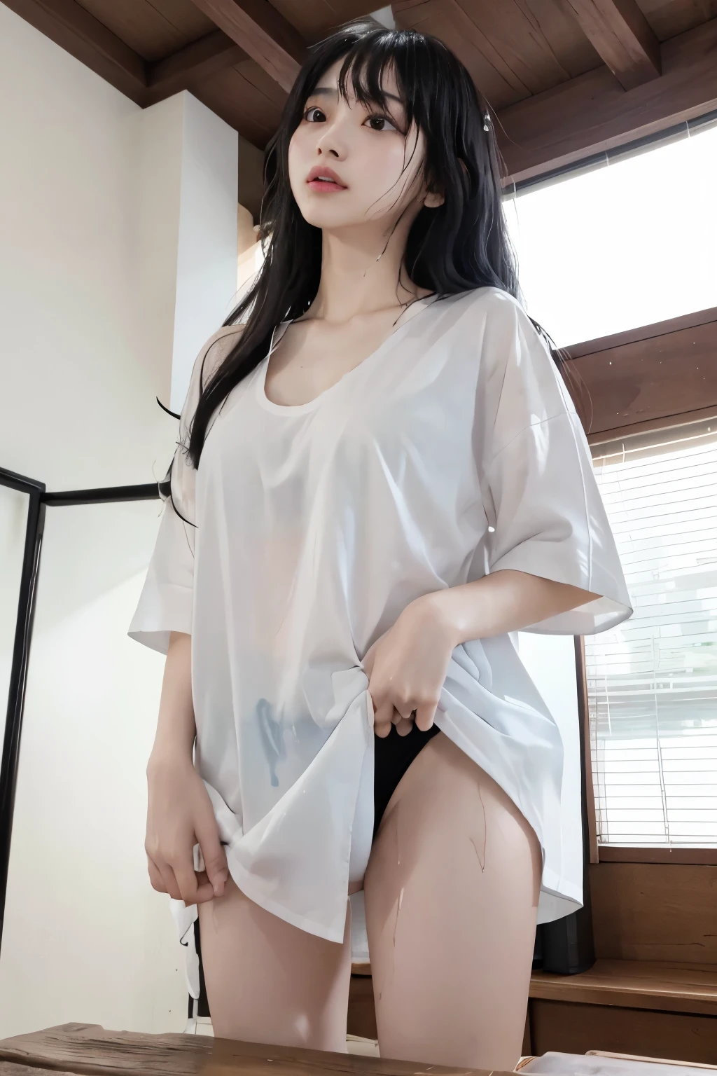 Masterpiece、highest quality、Woman 1、Super detailed、A woman looking up from directly below　Black Hair、Long Hair、Blunt Bangs、Wet Hair　Wet shirt、over size white shirt、Long shirt、Swimwear　shirt lift、Lift the shirt　Soft thighs　ceiling