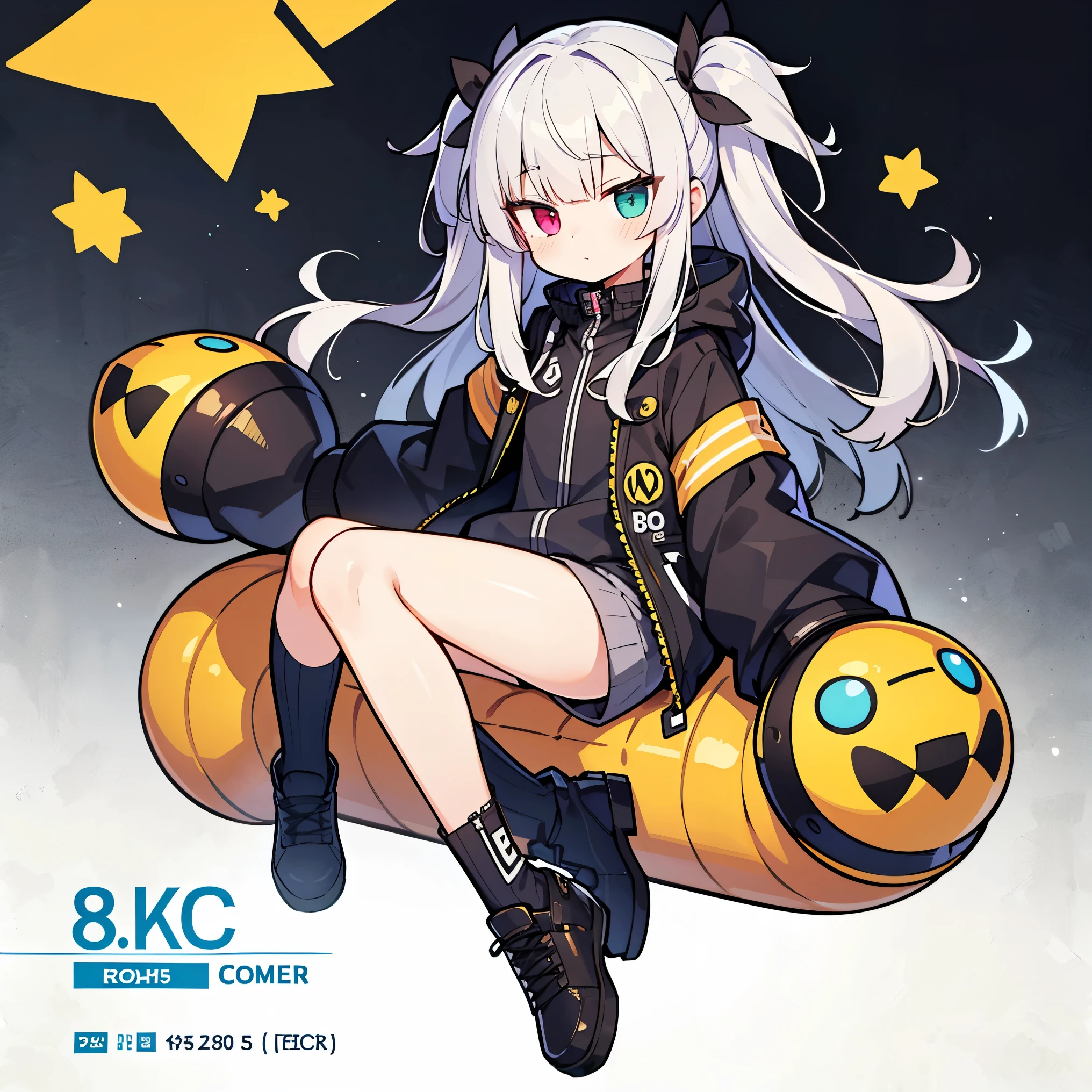 (Little:1.5), ((Absurd, High resolution, Super detailed, High resolution, masterpiece, highest quality, Very nice 8K CG wallpaper)), 1 girl, alone, :is, Ahogie, bangs, whole body, Beautiful fine details, heterochromia, Two Side Up, Gray Hair, Eyebrows visible through hair, Wearing an over parka, 18-year-old, Dynamic Angle