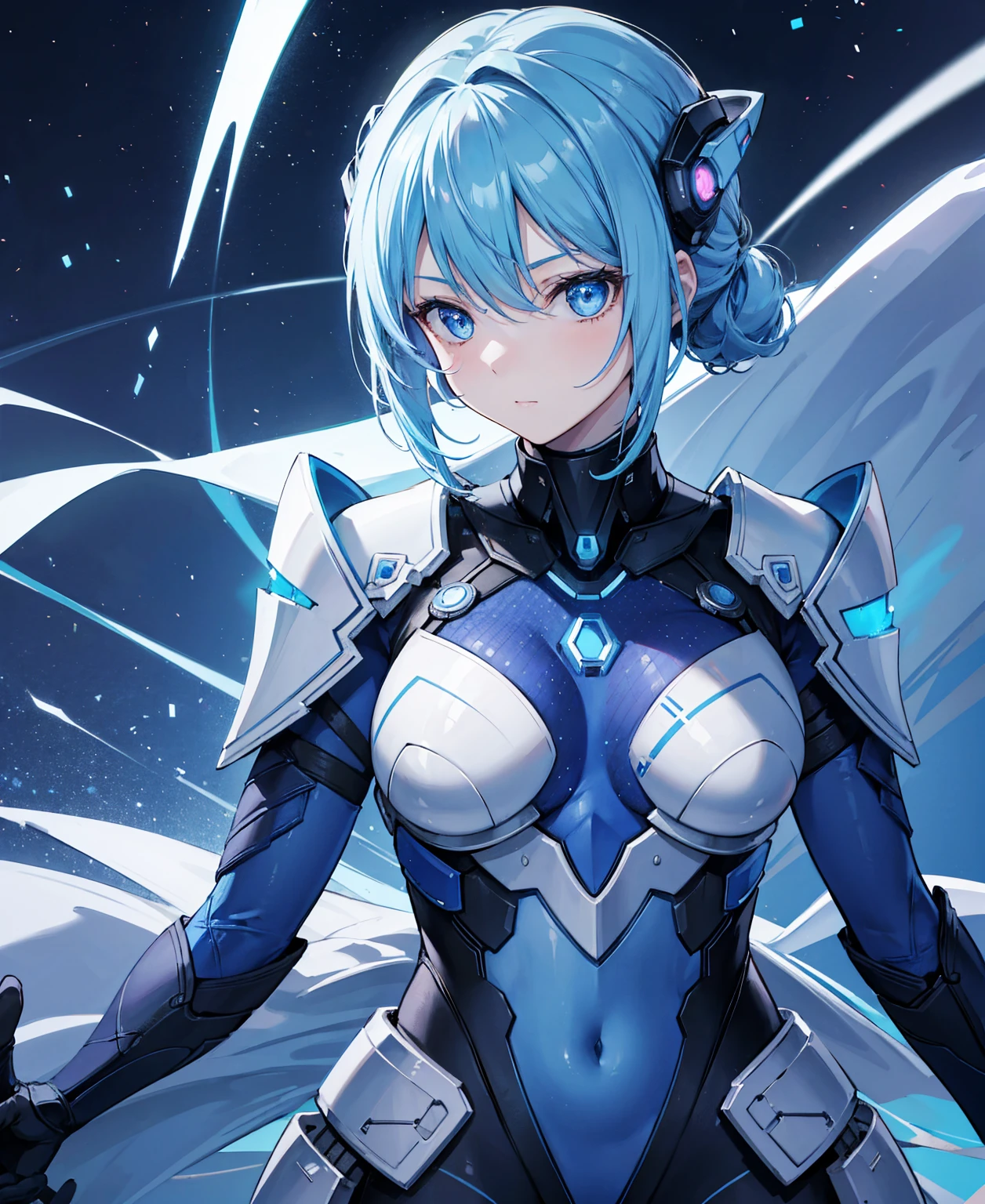 8k, highest quality, (real:1.4), Original photo, 1 girl, Asari Hair, Biological Amplifier, refined armor, posture: Peace talks between warring factions, smart blue eyes