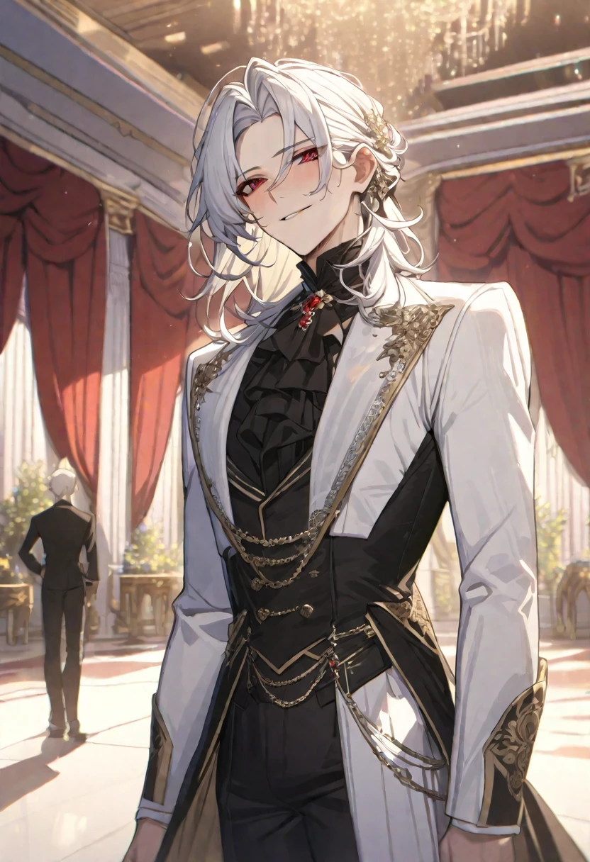 (Masterpiece:0.9), best quality, 1 male, long white hair, fancy dark clothing, ballroom background, royalty aesthetic, half smile, red eyes