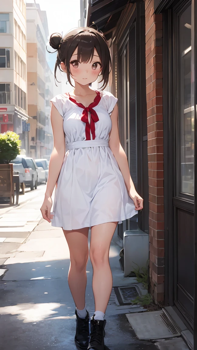 masterpiece, distinct_image, high_resolution, high_quality_anime, hyper_detail, finely_detailed, intricate_details, perfect_anatomy, mishoujo, anime_art_style, watercolor, pastel, fullbody, looking_down, stone_walkway, walking, 1girl, 16 yo girl, white mini dress, (high single_hair_bun:1.2), light brown hair, medium breasts, 