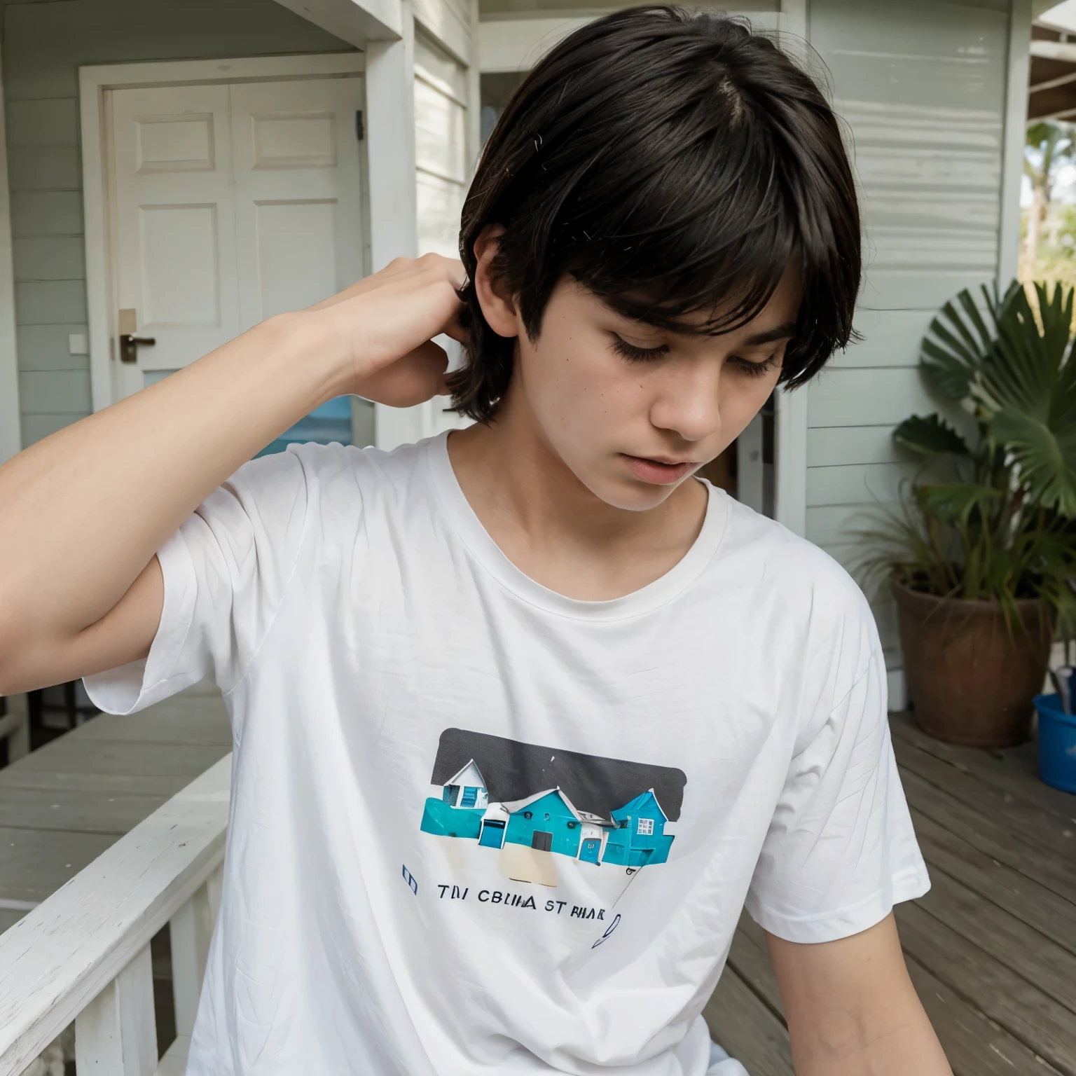 1 teenage boy, cream t-shirt, black hair, white skin, wiping off dusts at the boardwalk of a summer house