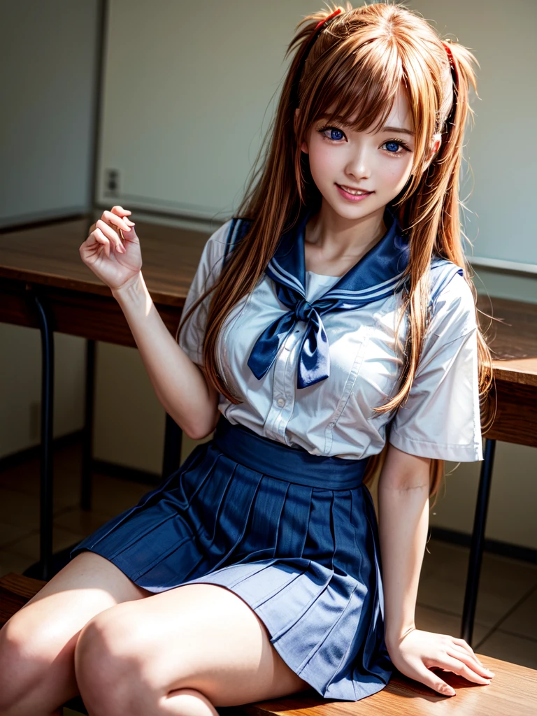 (8k, highest quality, Pieces fly:1.2)、Ultra-high resolution、anime,1 very pretty girl,Asuka Langley,Highly detailed face, Fine grain,blue eyes,,White sailor collar plain short sleeve shirt,Light blue skirt,Light Blue Suspenders,uniform_Red ribbon,Orange Hair,Long Hair、Detailed hand and fingers,put your hands in your hair,Grin、sitting on desk,Shooting from the sky,classroom