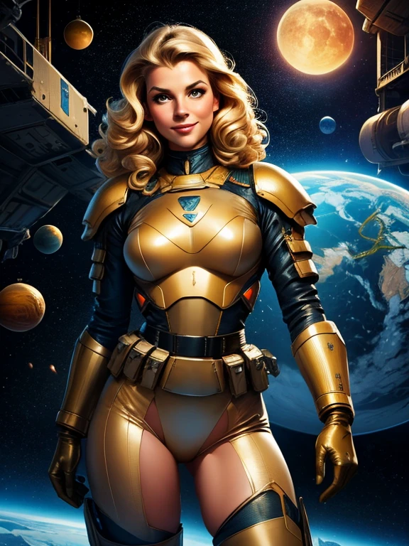 Best quality illustration, space beautiful vintage woman,CURLY blonde hair, looking to observer, LITTLE SHY SMILE, tight hi-tech armor suit beige with intrincated details, adjusting hi-tech gloves, militar tactical belt, thighs and knee,spaceship scenario,difuse lights